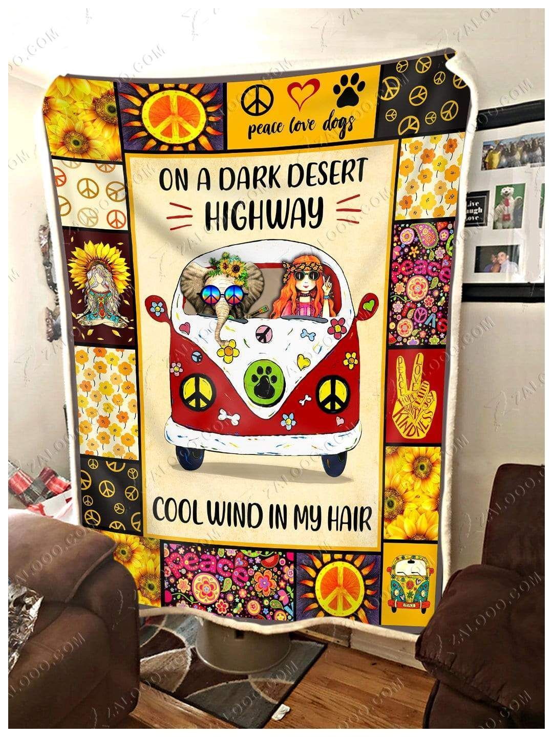 Hippie Girl Elephant On A Dark Desert Highway Sherpa Fleece Blanket