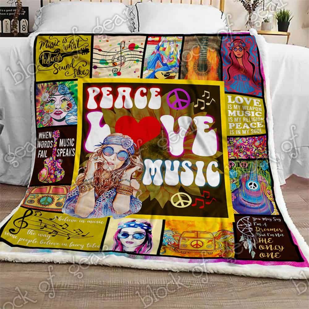 Hippie Girl Peace Love Music Sherpa Fleece Blanket