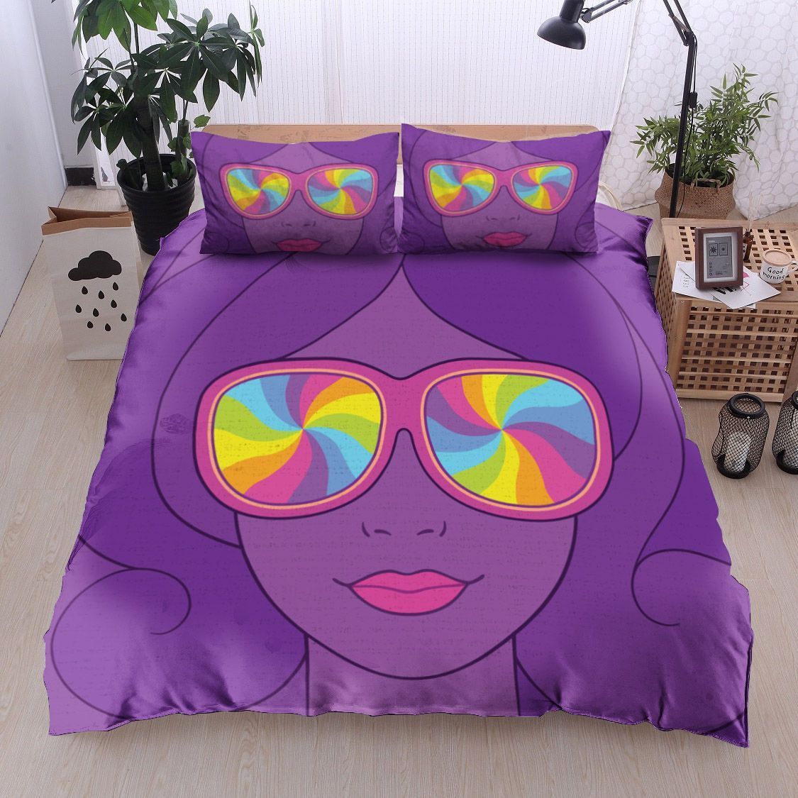 Hippie Girl With Rainbow Glasses Bedding Set