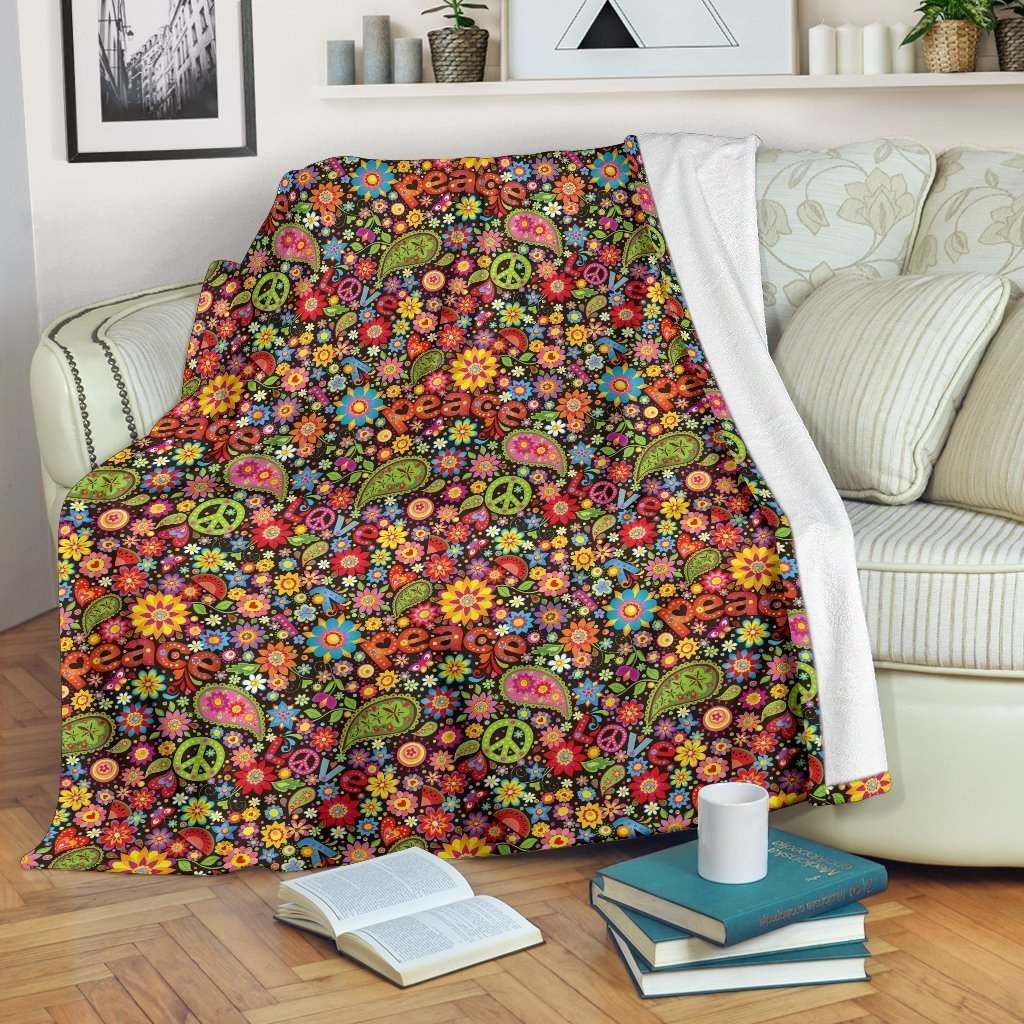 Hippie Paisley Floral Peace Sign Sherpa Fleece Blanket