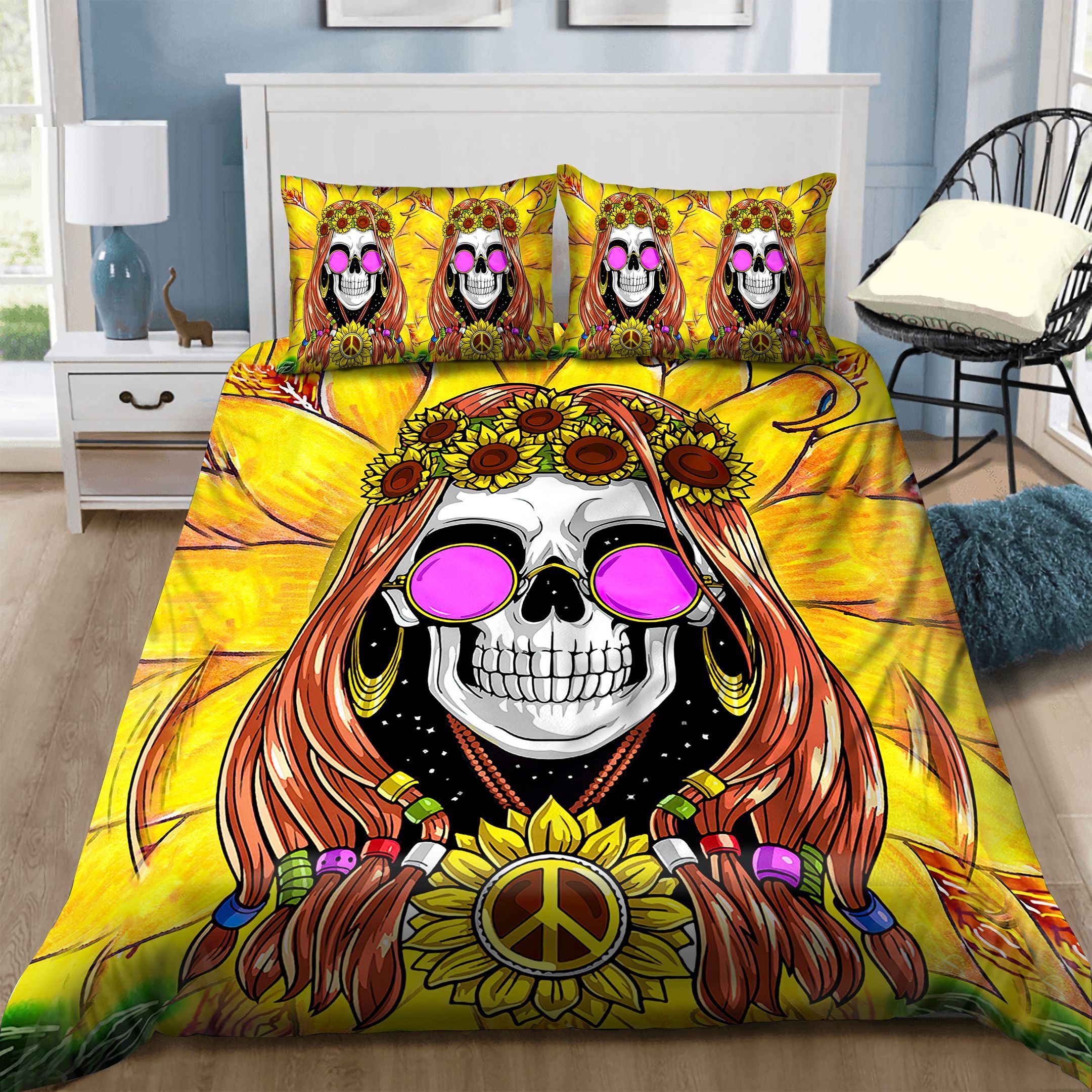 Hippie Skull Sunflowers Bedding Set