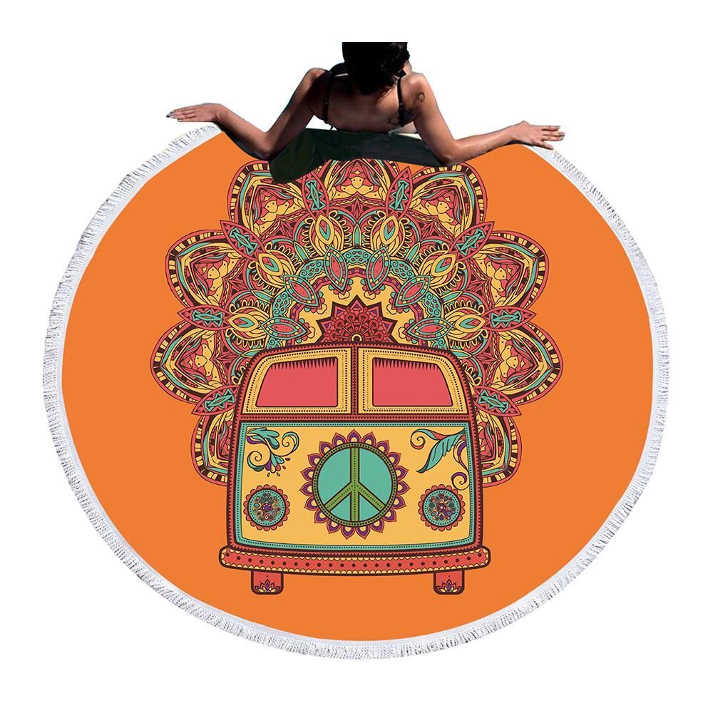 Hippie Vintage Bus Peace Sign Printed Round Beach Towel