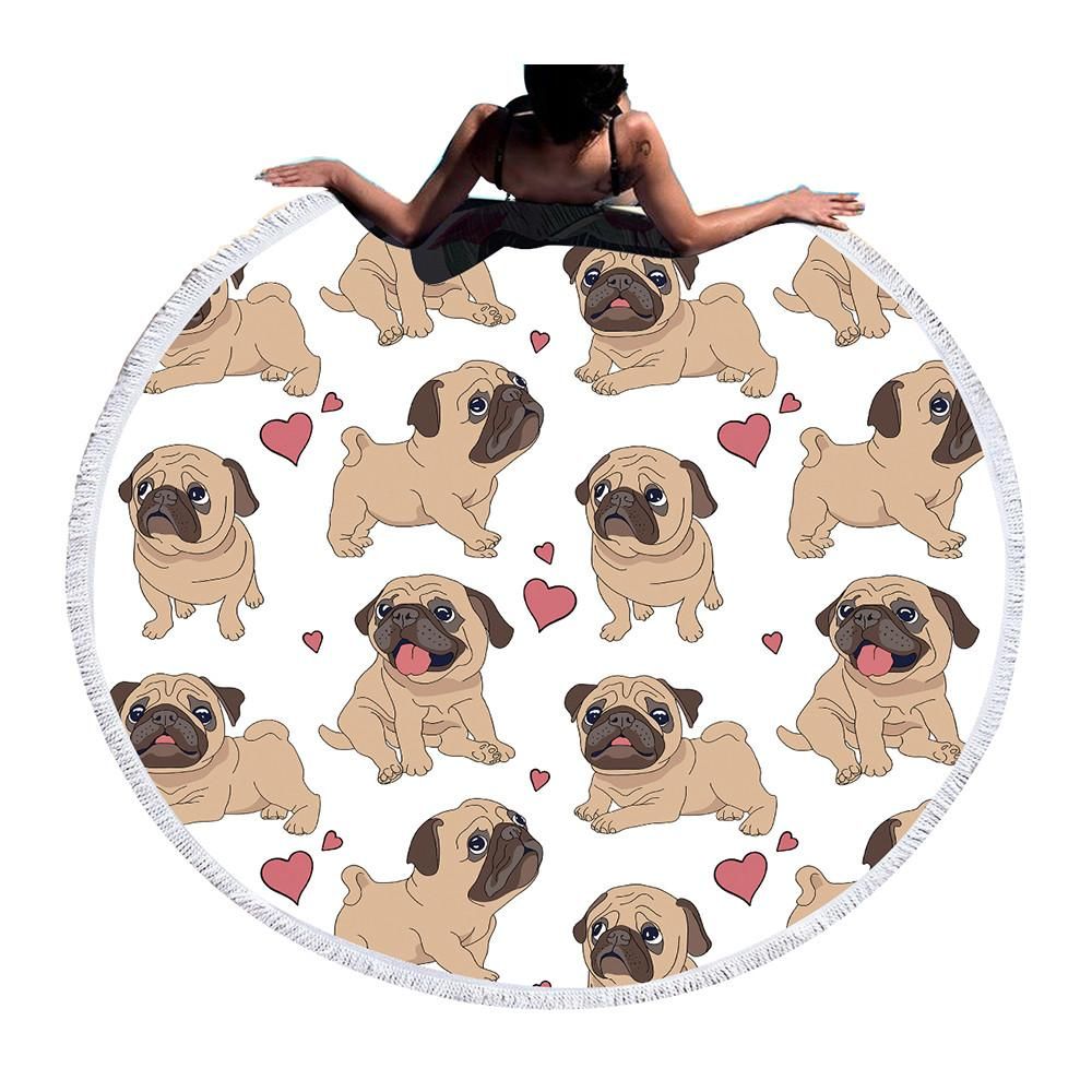 Hipster Pug Gift For Dog Lovers Printed Round Beach Towel