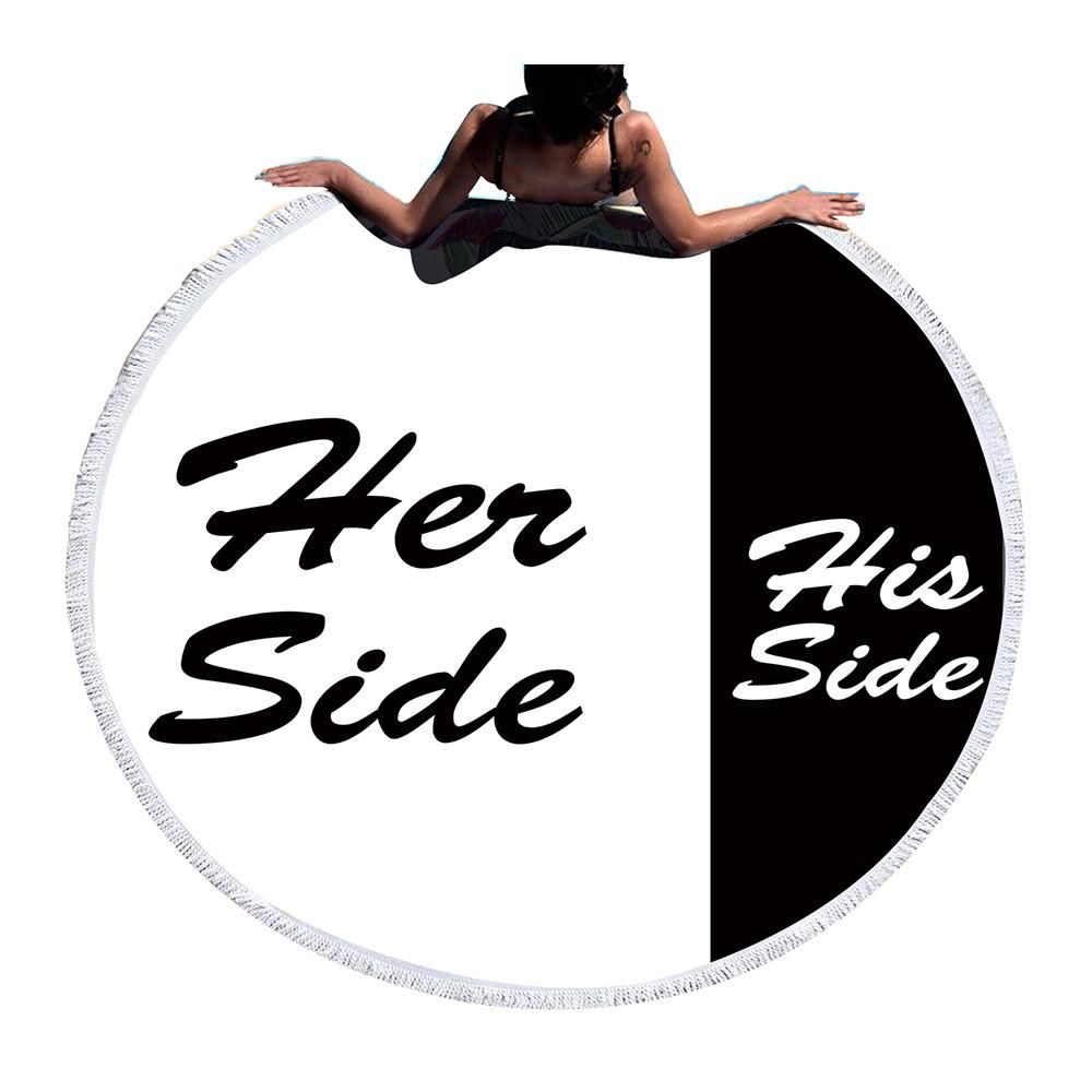 His And Her Side Black And White Printed Round Beach Towel