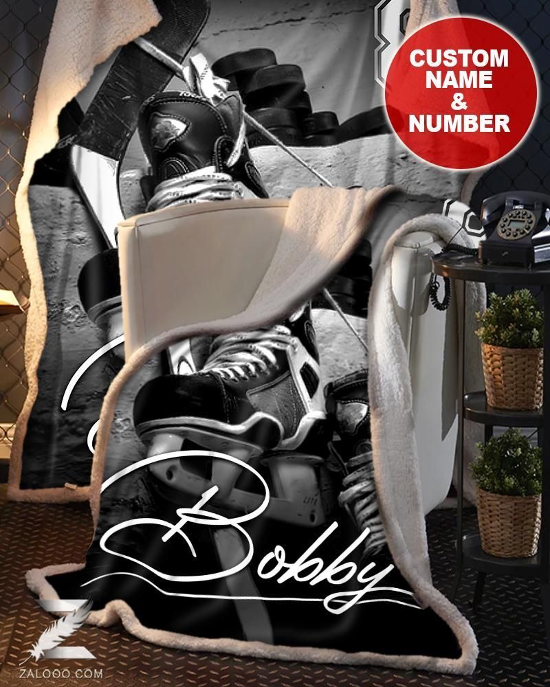 Hockey Black White Custom Text Name Number Fleece Blanket