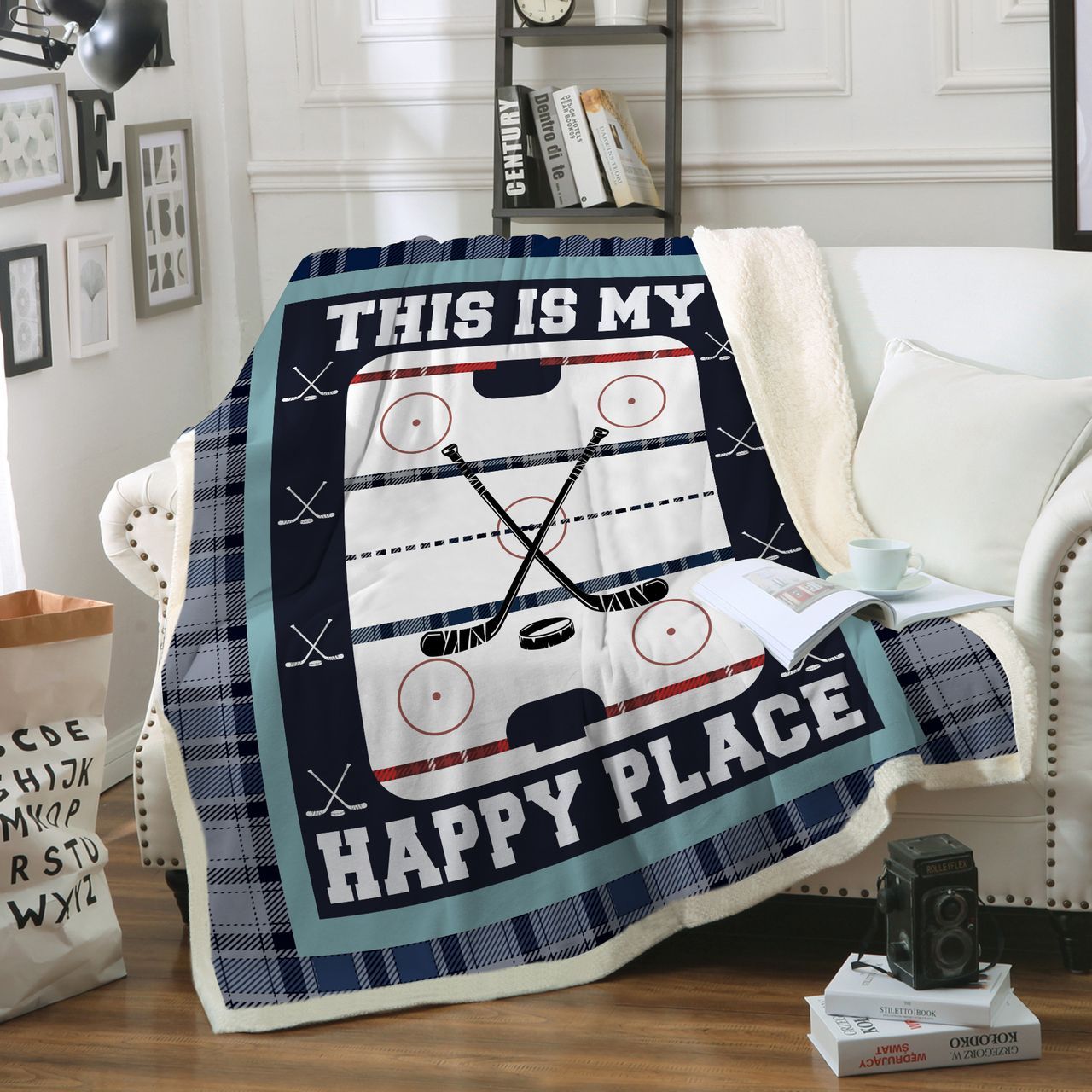 Hockey This Is My Happy Place Sherpa Fleece Blanket