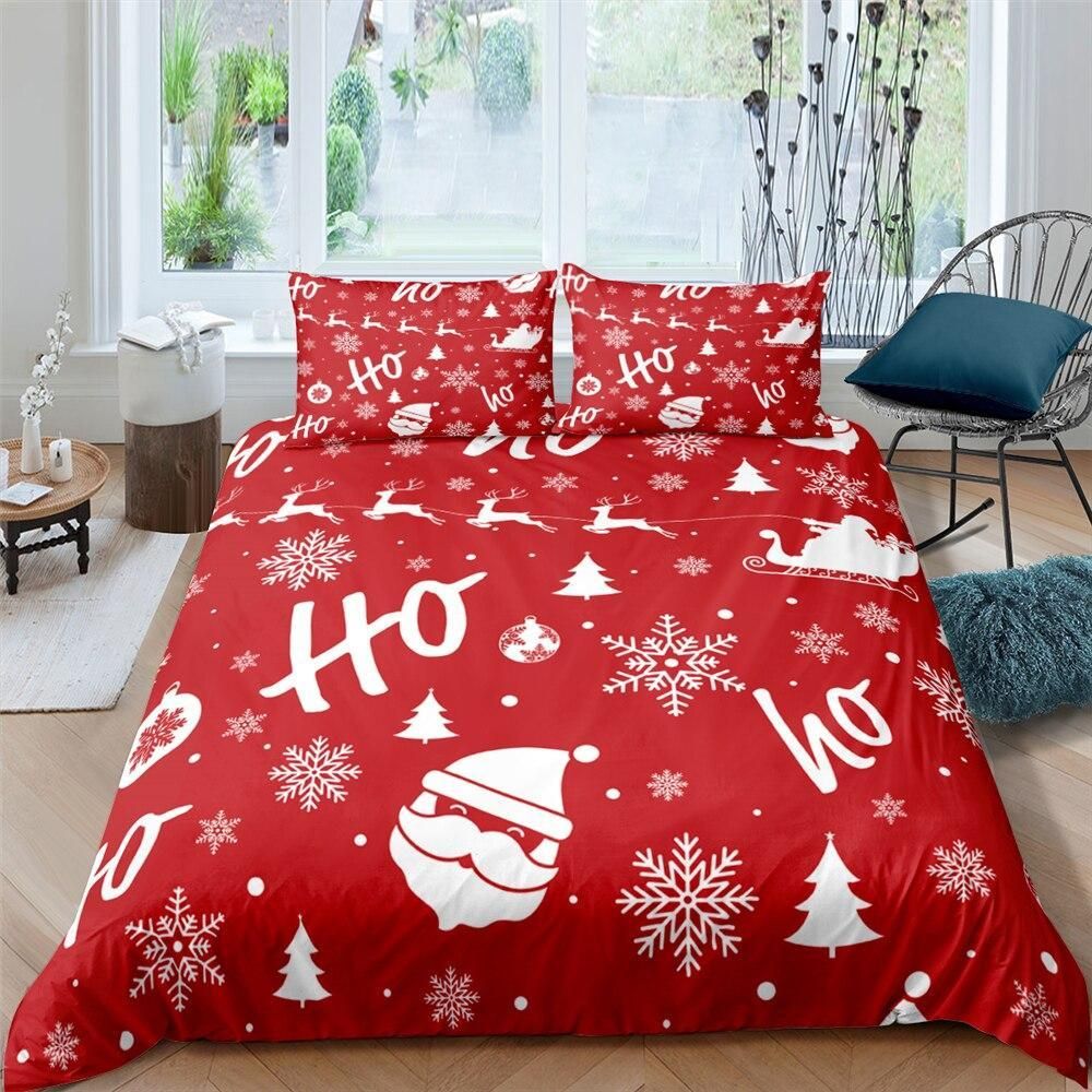 Hohoho Santa Snowflake Pattern Red Bedding Set