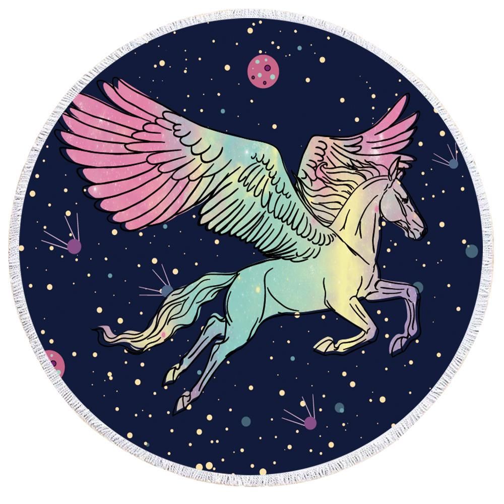 Holo Unicorn Flying To The Moon Printed Round Beach Towel