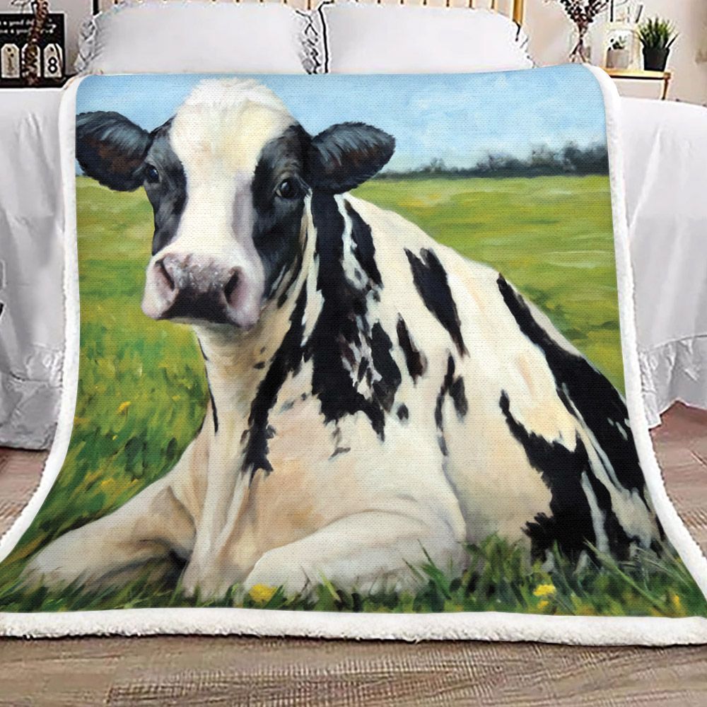 Holstein Cow Relaxing In Field Sherpa Fleece Blanket