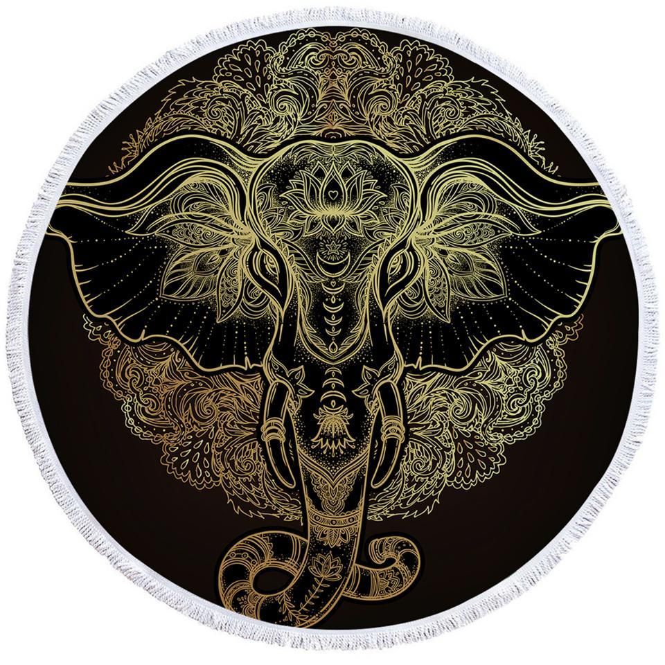 Holy Elephant Black Printed Round Beach Towel