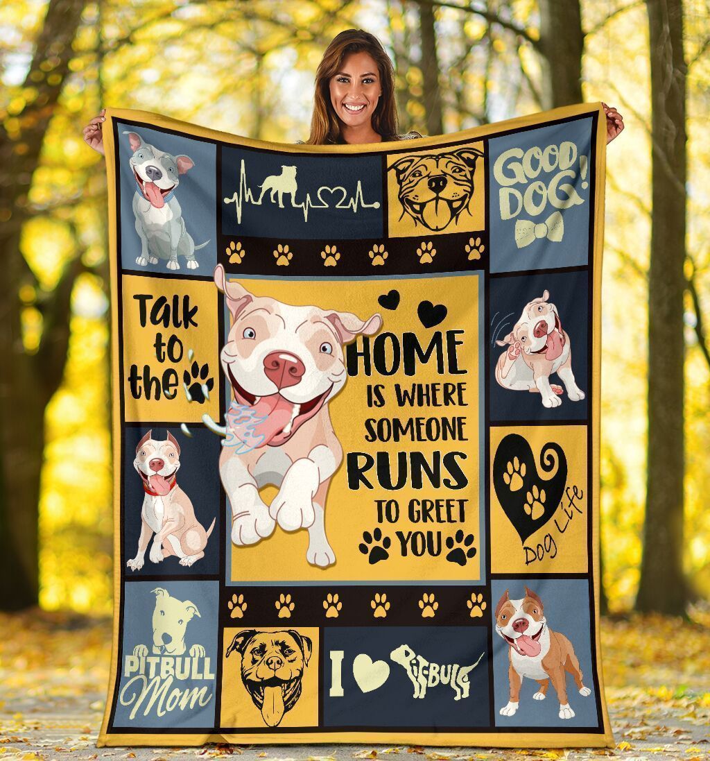 Home Is Where Someone Runs Pitbull Dog Soft Fleece Blanket