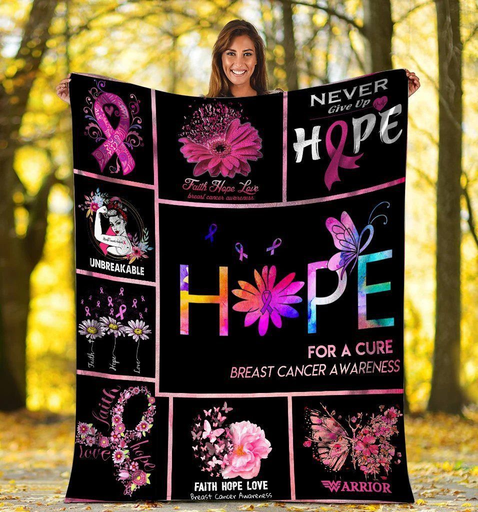 Hope For A Cure Breast Cancer Awareness Pink Butterfly Flower Fleece Blanket