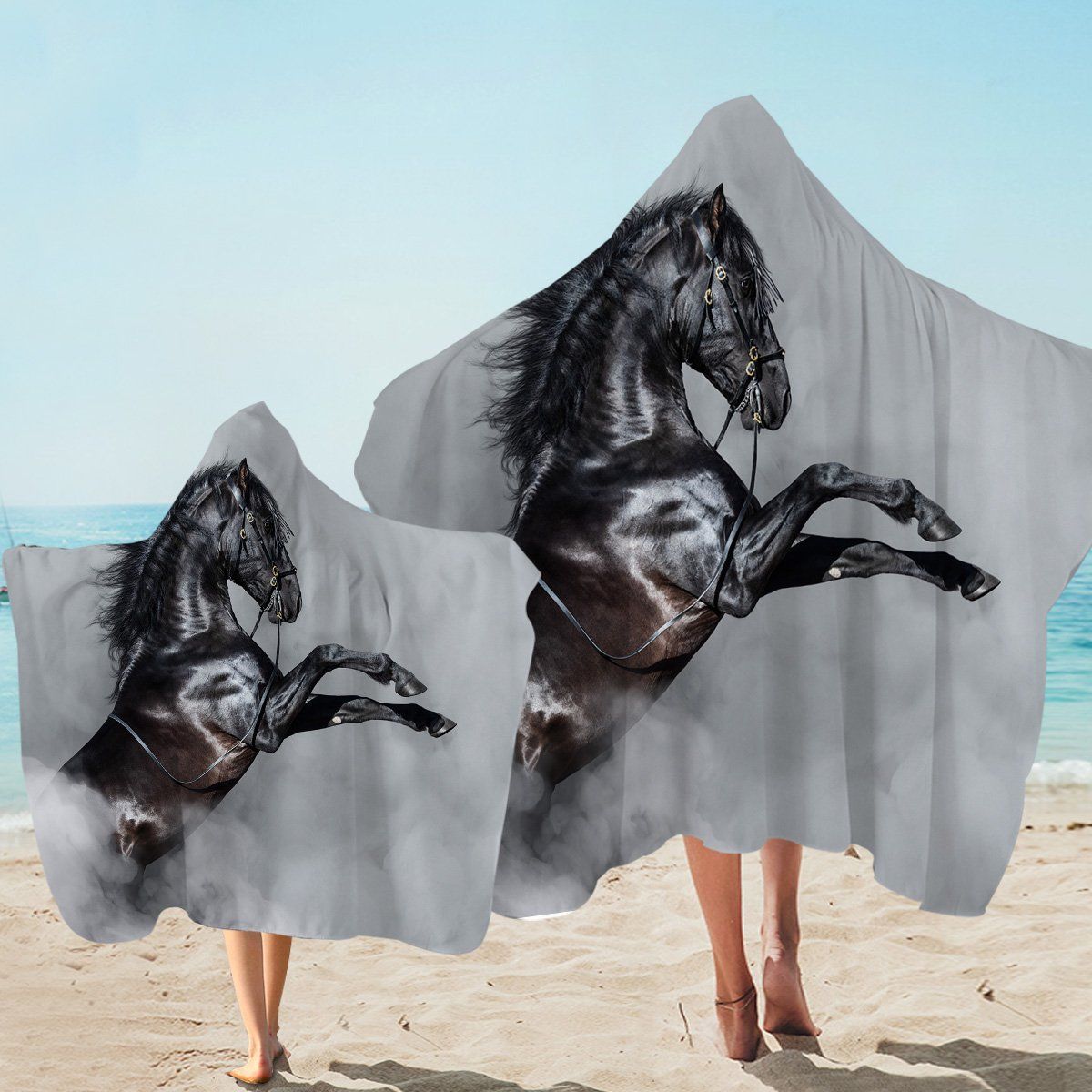 Hopping Horse Gray Background Printed Hooded Towel
