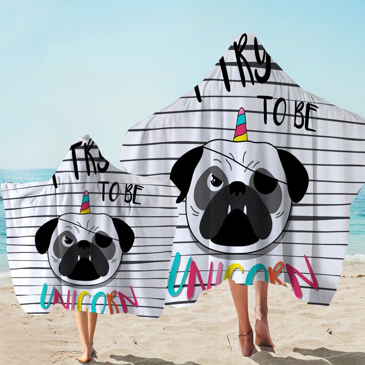 Horned Pug Stripes Printed Hooded Towel