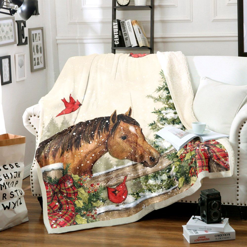 Horse And Cardinal Christmas Sherpa Fleece Blanket