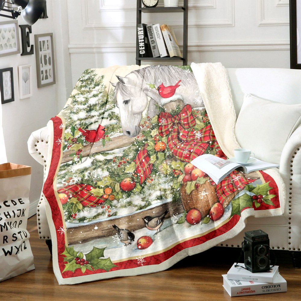 Horse And Cardinal Christmas Sherpa Fleece Blanket