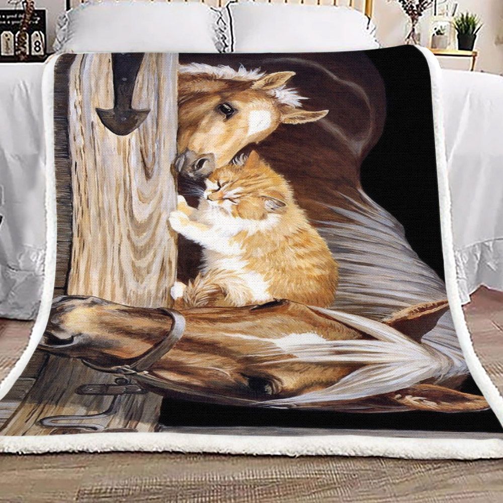 Horse And Cat Beautiful Sherpa Fleece Blanket