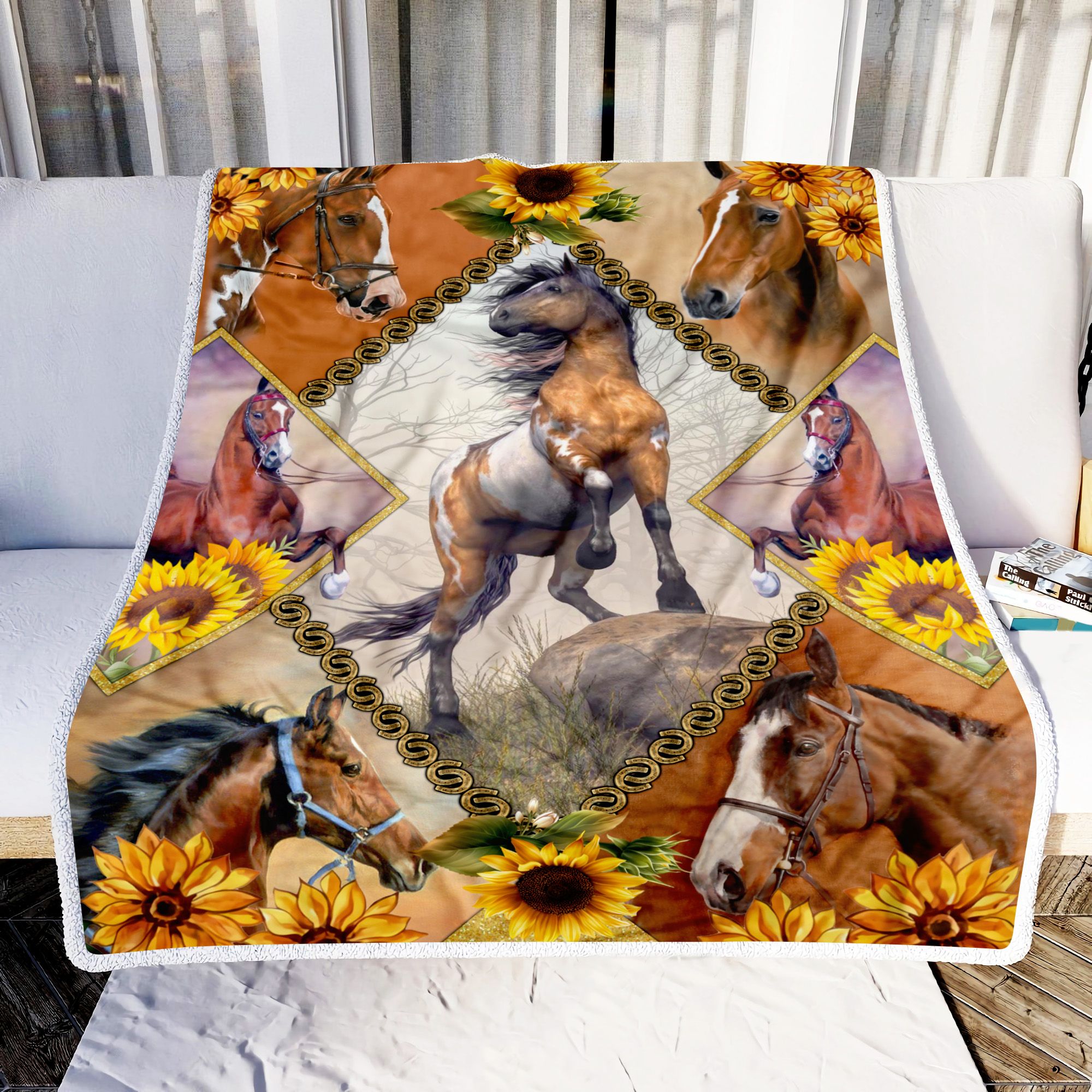 Horse Art Sunflower Fleece Blanket