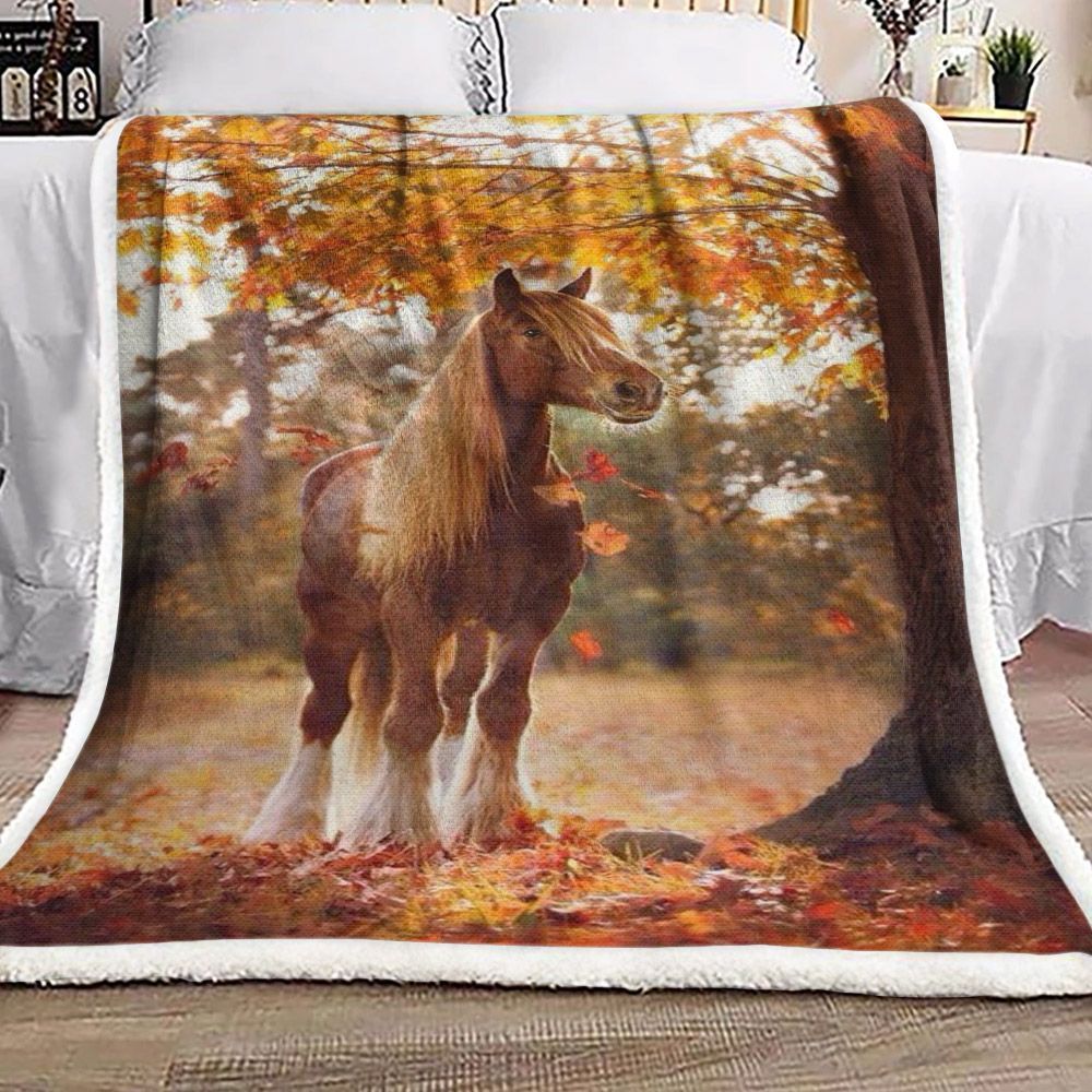 Horse Autumn Forest Sherpa Fleece Blanket