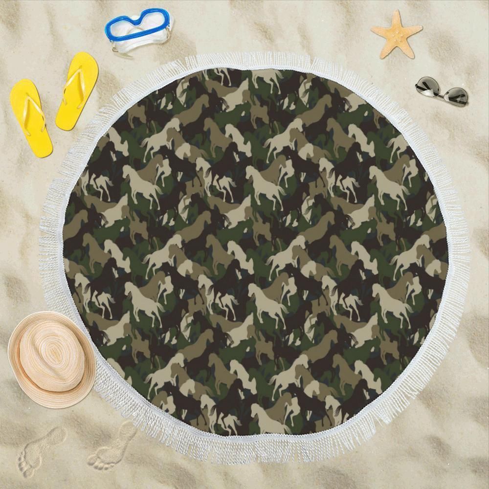 Horse Camo Themed Design Printed Round Beach Towel