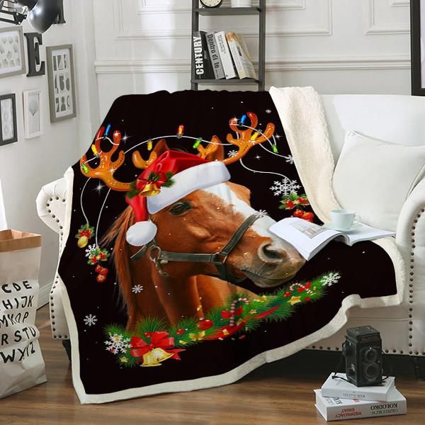 Horse Christmas Reindeer Sherpa Fleece Blanket