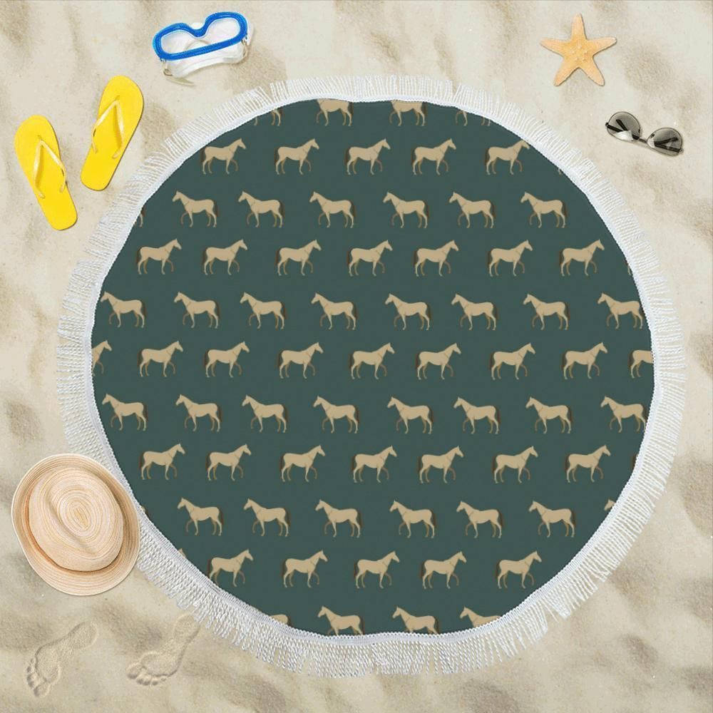 Horse Classic Themed Pattern Printed Round Beach Towel
