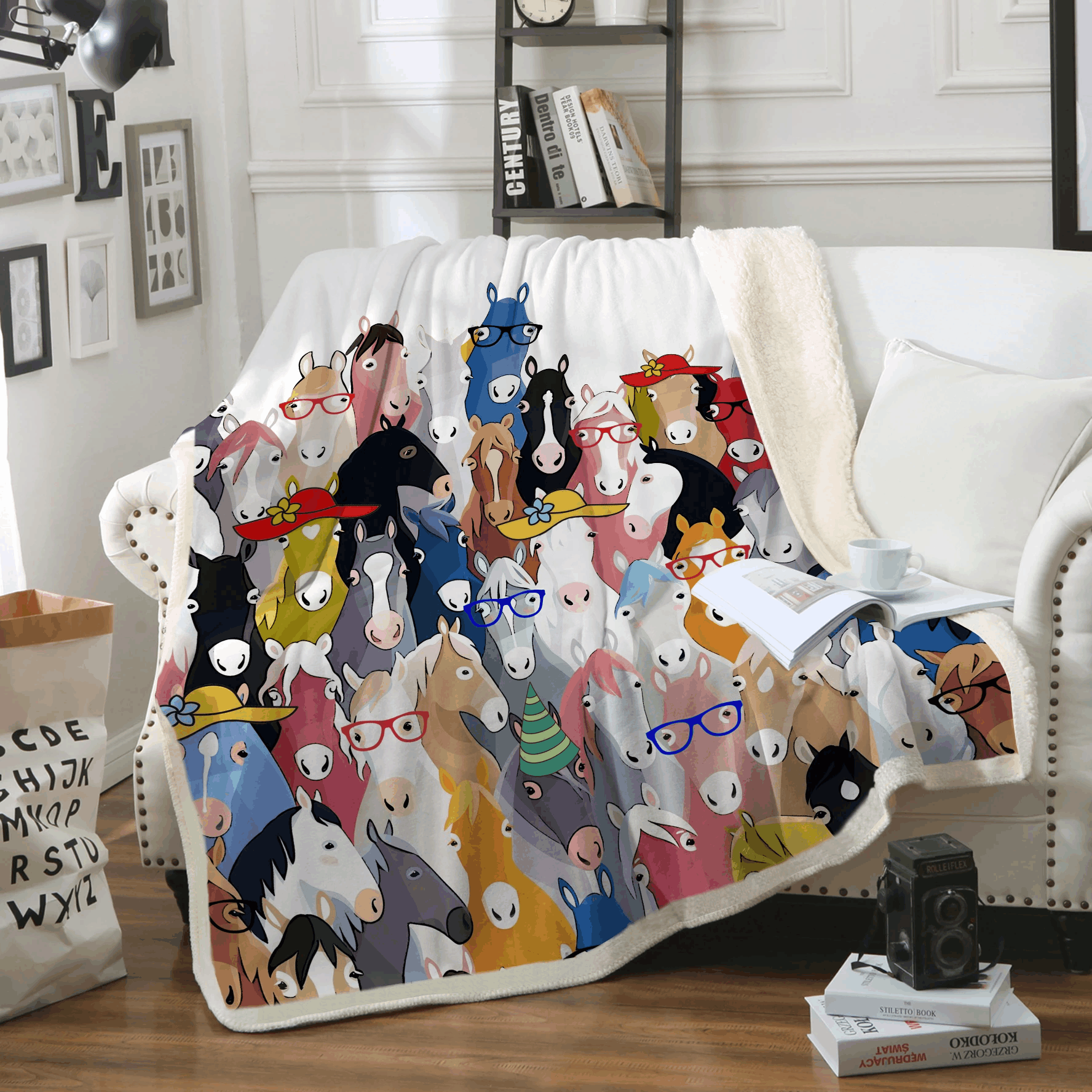 Horse Colorful Sherpa Fleece Blanket