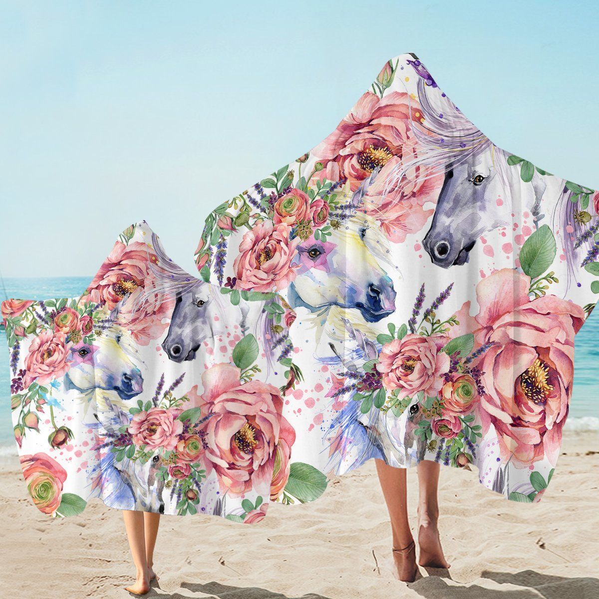 Horse Couple Floral Printed Hooded Towel