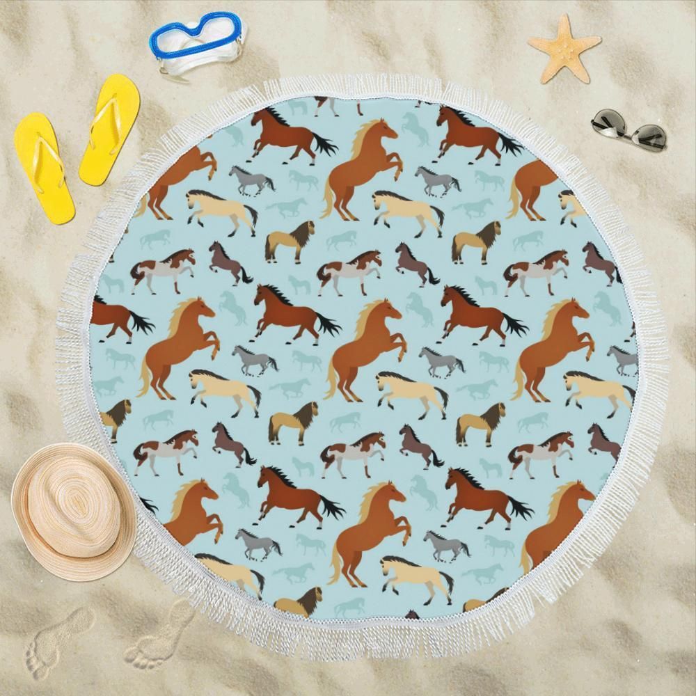 Horse Cute Themed Pattern Print Round Beach Towel