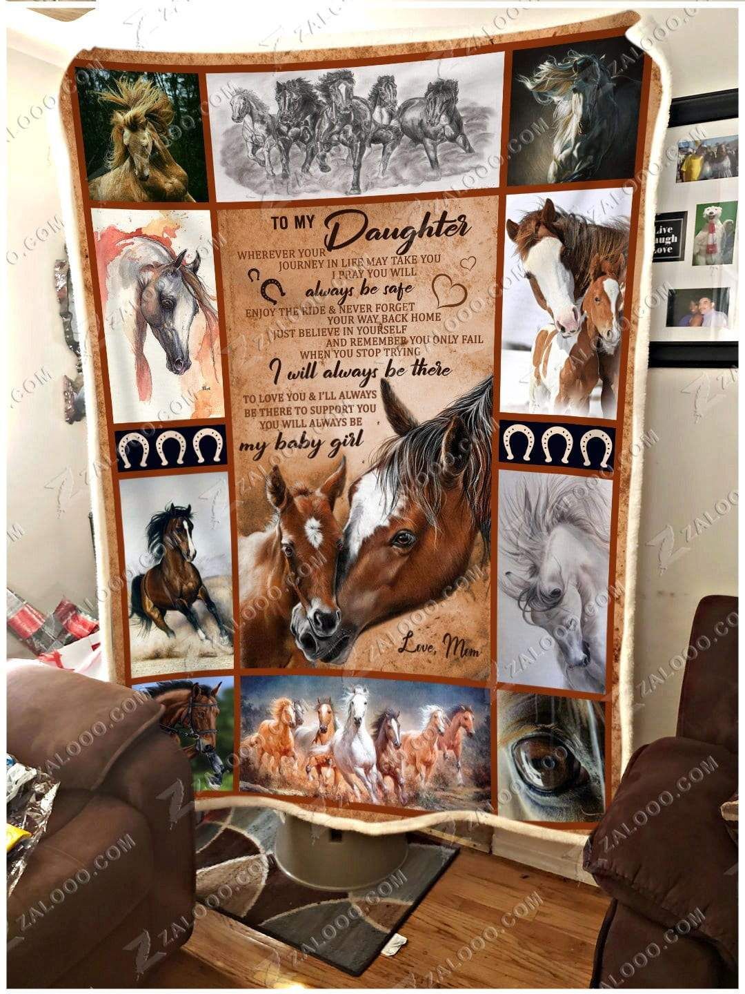 Horse Daughter Always Be Safe Love Mom Sherpa Fleece Blanket
