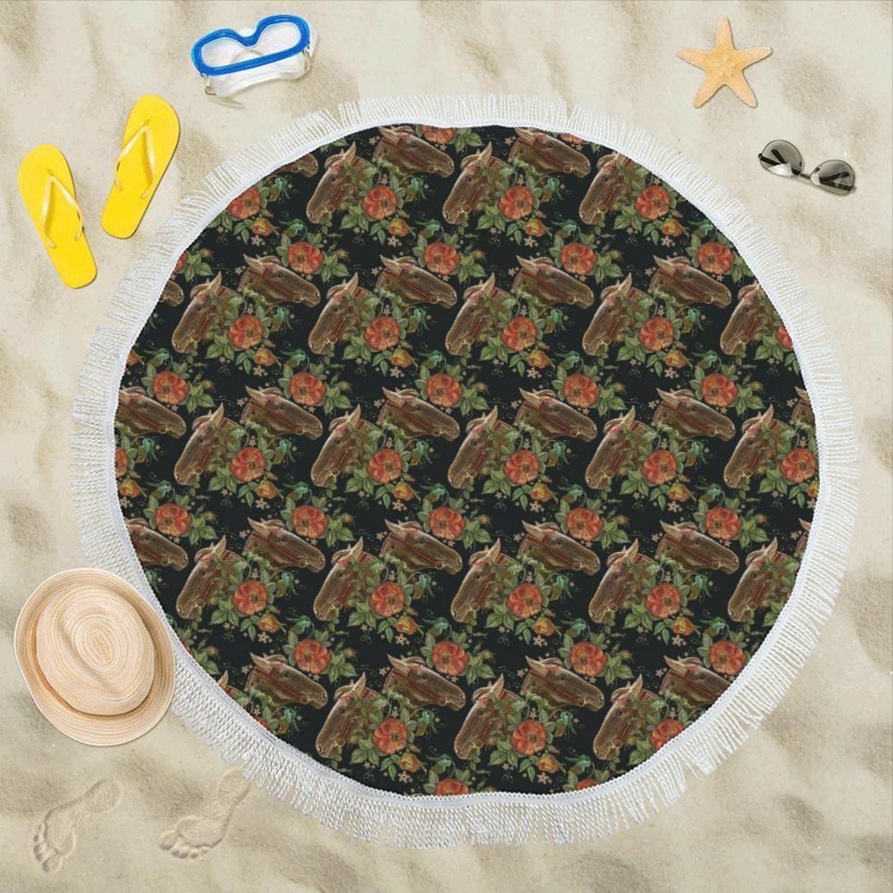 Horse Embroidery With Flower Design Printed Round Beach Towel