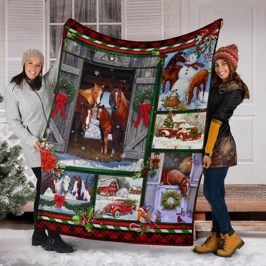 Horse Farm Christmas Sherpa Fleece Blanket