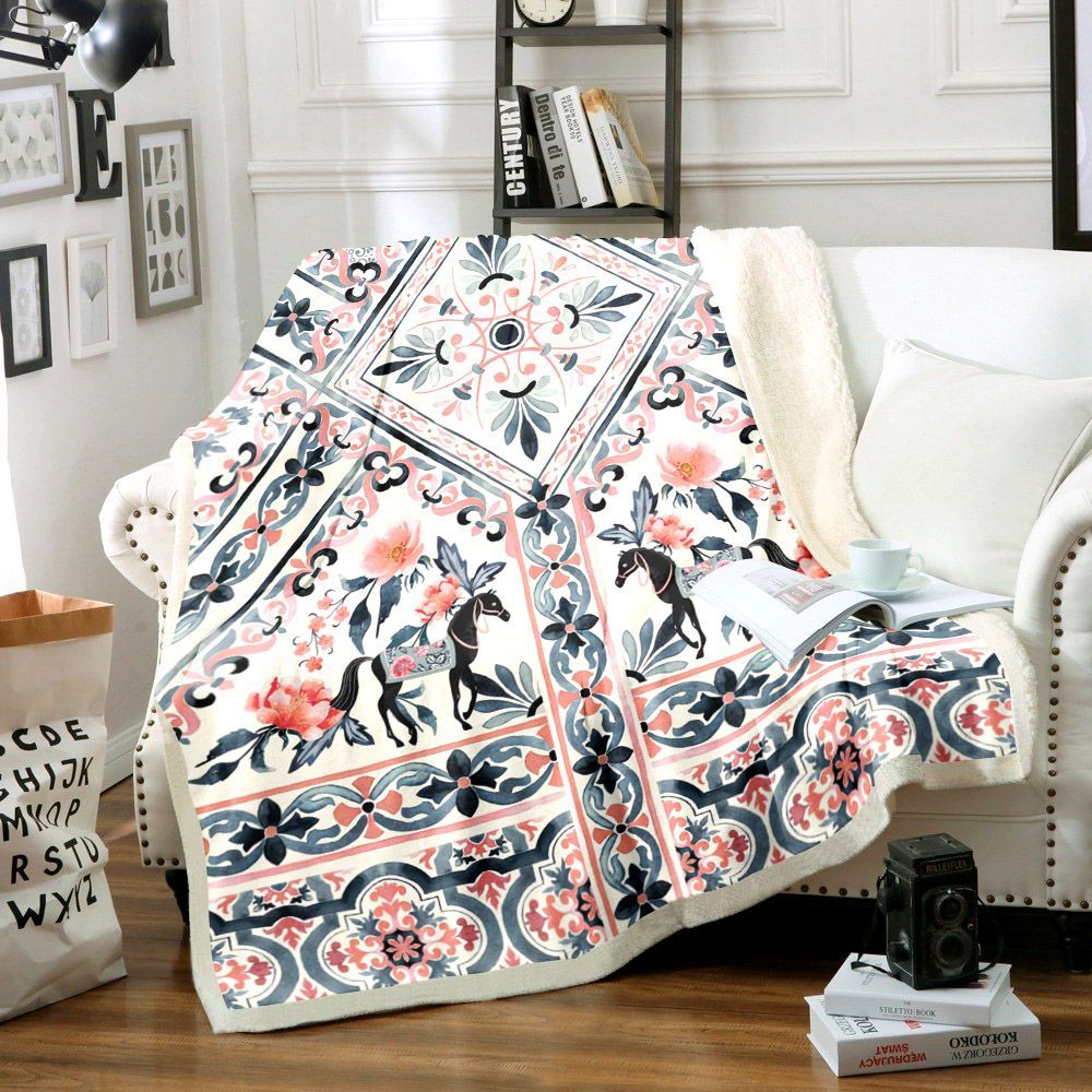 Horse Flower Sherpa Fleece Blanket