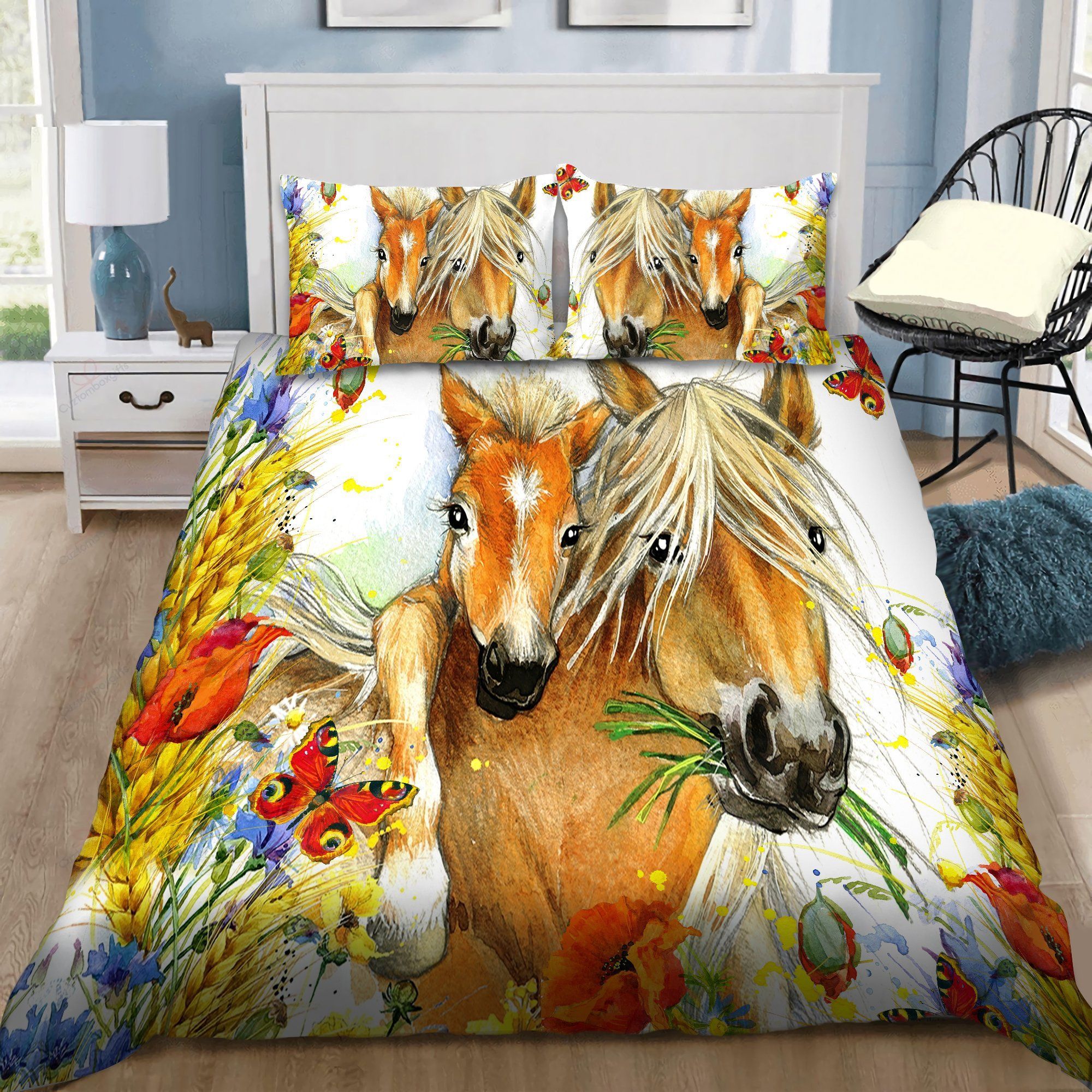 Horse Mom And Pony With Butterflies And Flowers 3D Printed Bedding Set