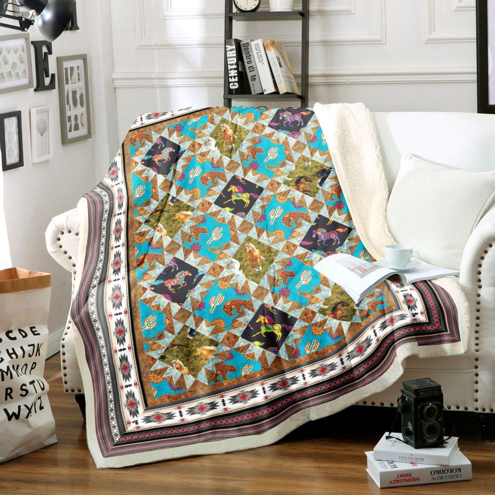 Horse Native American Sherpa Fleece Blanket