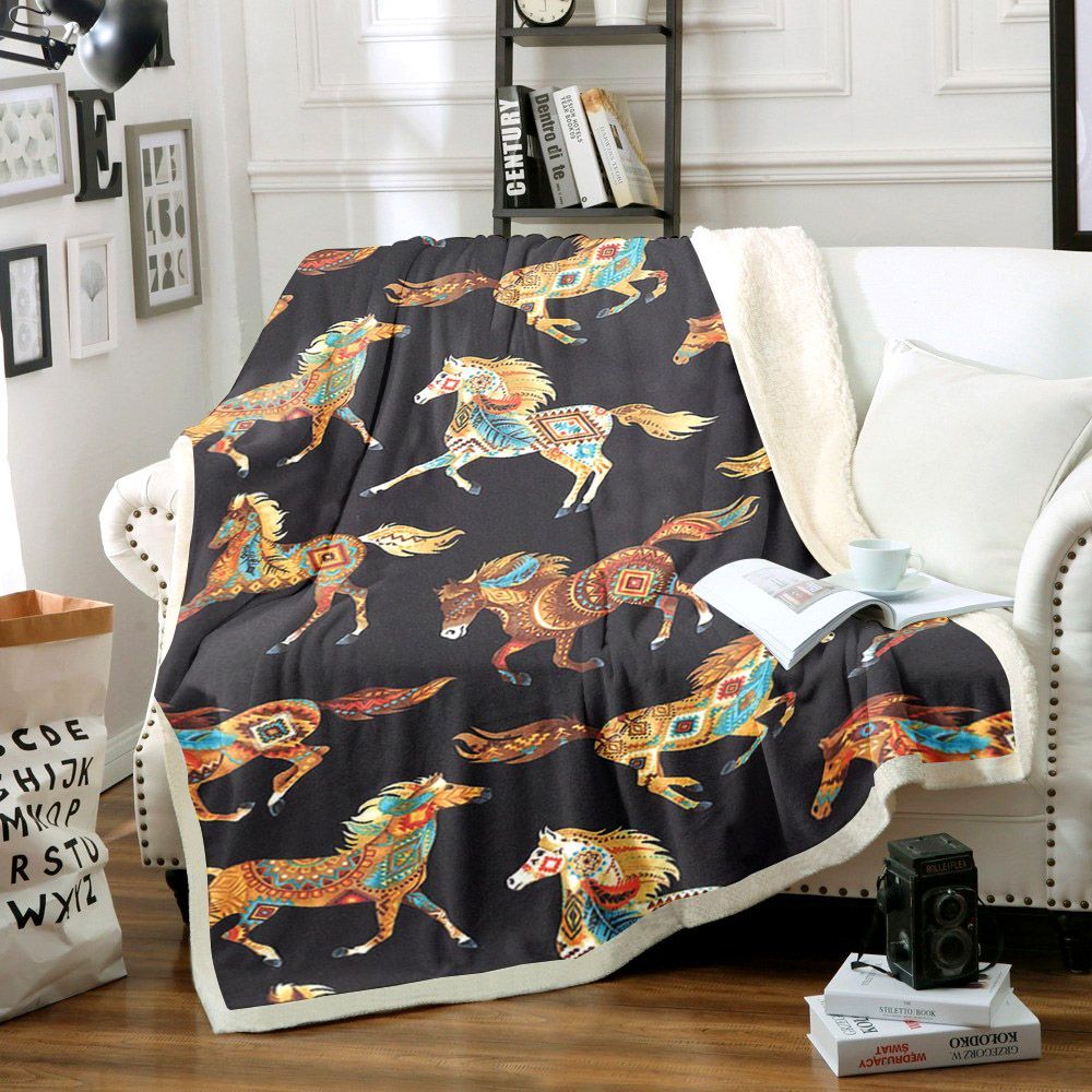 Horse Native American Sherpa Fleece Blanket