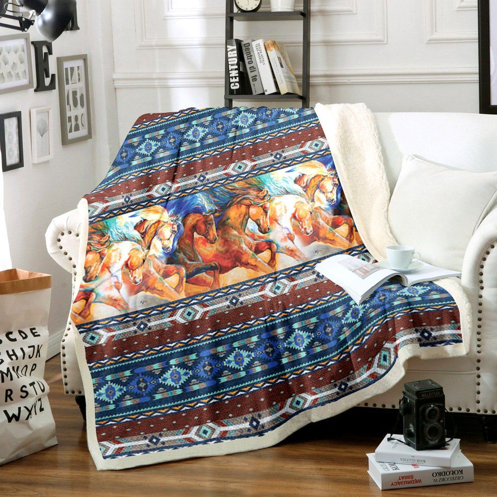 Horse Native American Sherpa Fleece Blanket