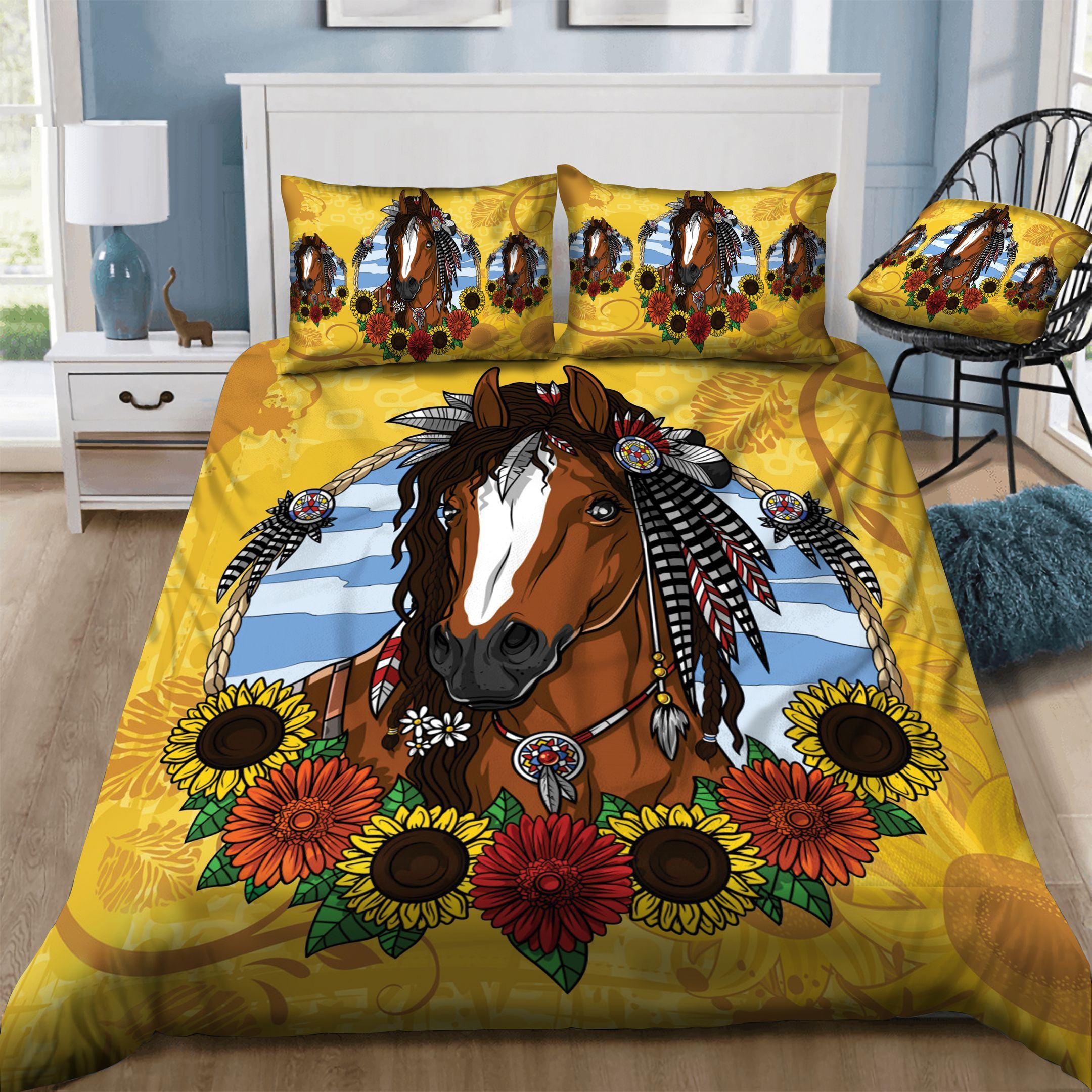 Horse Native American Sunflowers  Bedding Set