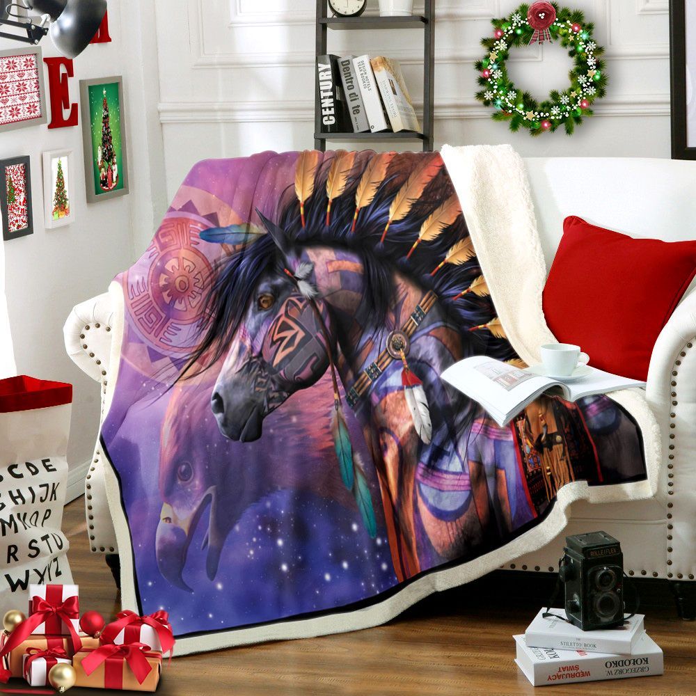 Horse Native American Sherpa Fleece Blanket