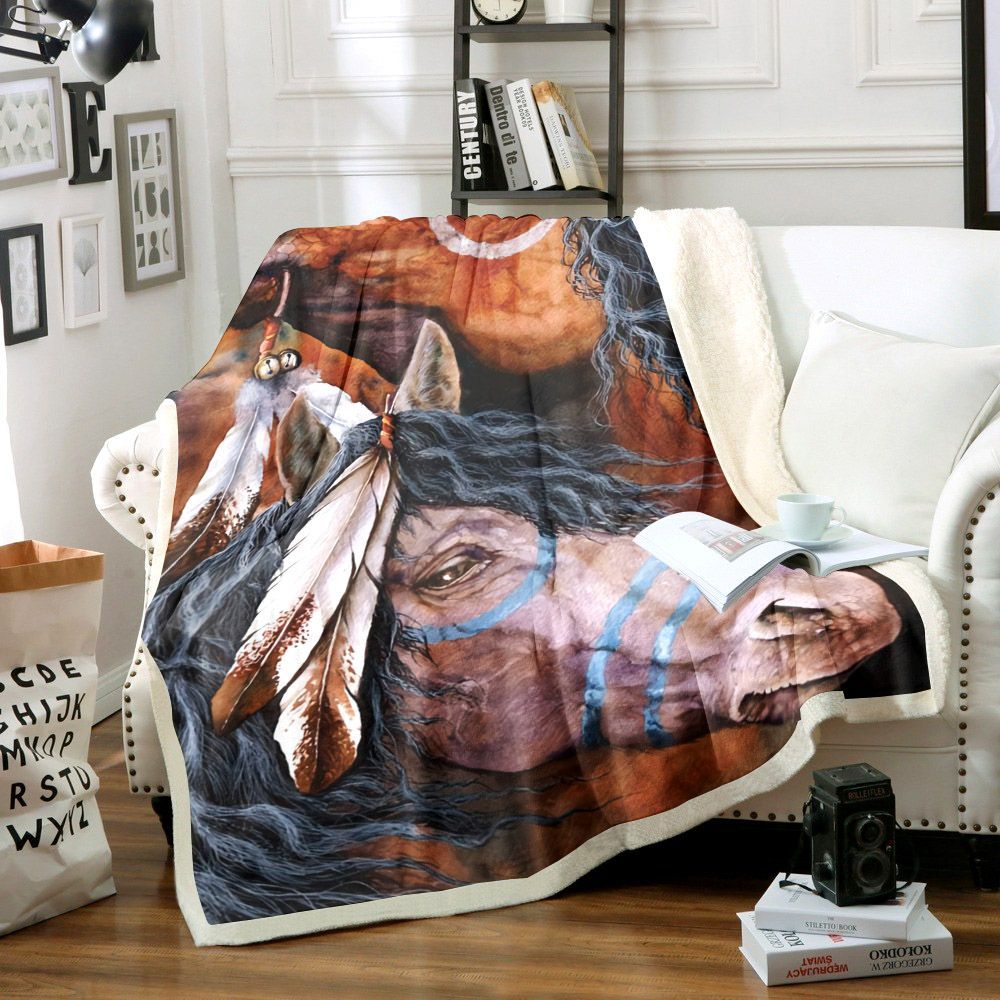 Horse Native American Sherpa Fleece Blanket