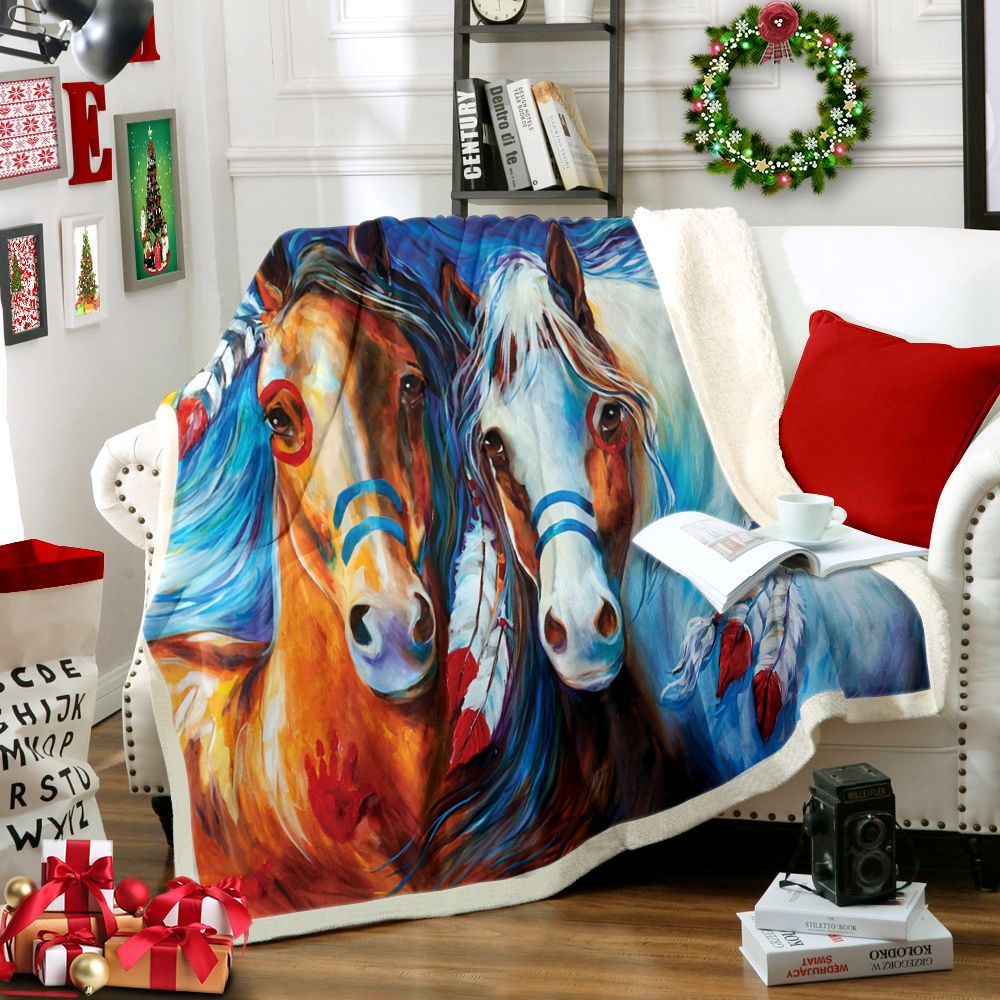 Horse Native American Sherpa Fleece Blanket