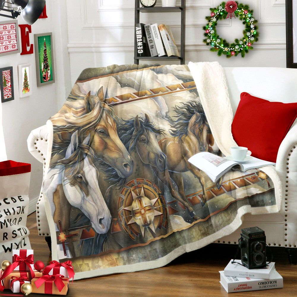 Horse Native American Sherpa Fleece Blanket