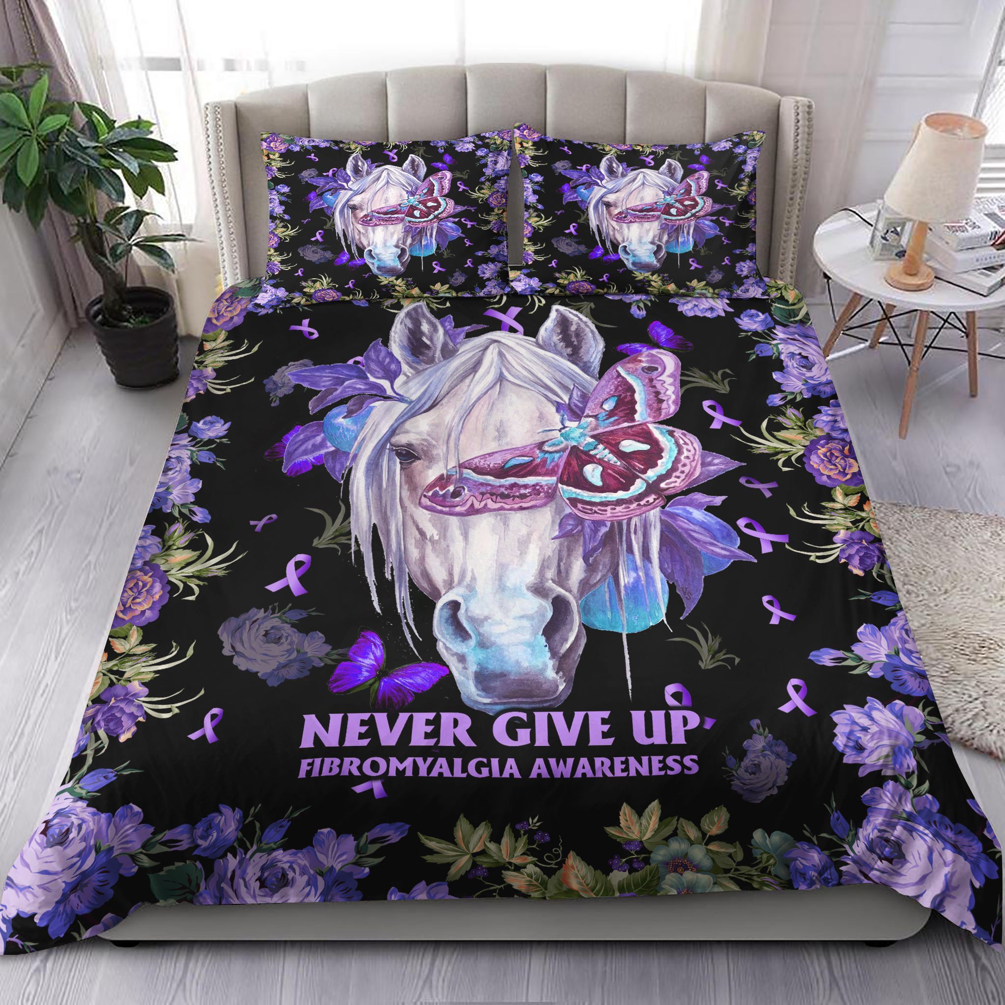 Horse Never Give Up Fibromyalgia Awareness Bedding Set