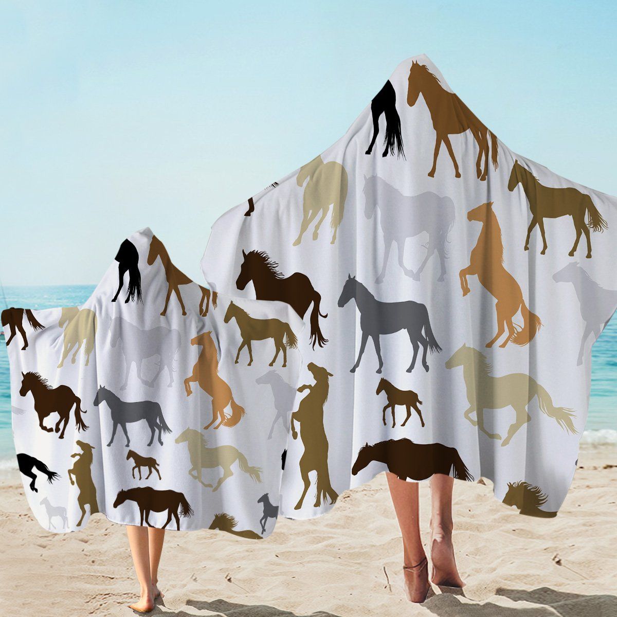 Horse Shadows White Printed Hooded Towel