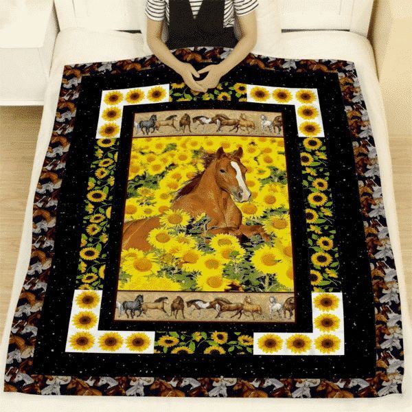 Horse Sunflower Sherpa Fleece Blanket