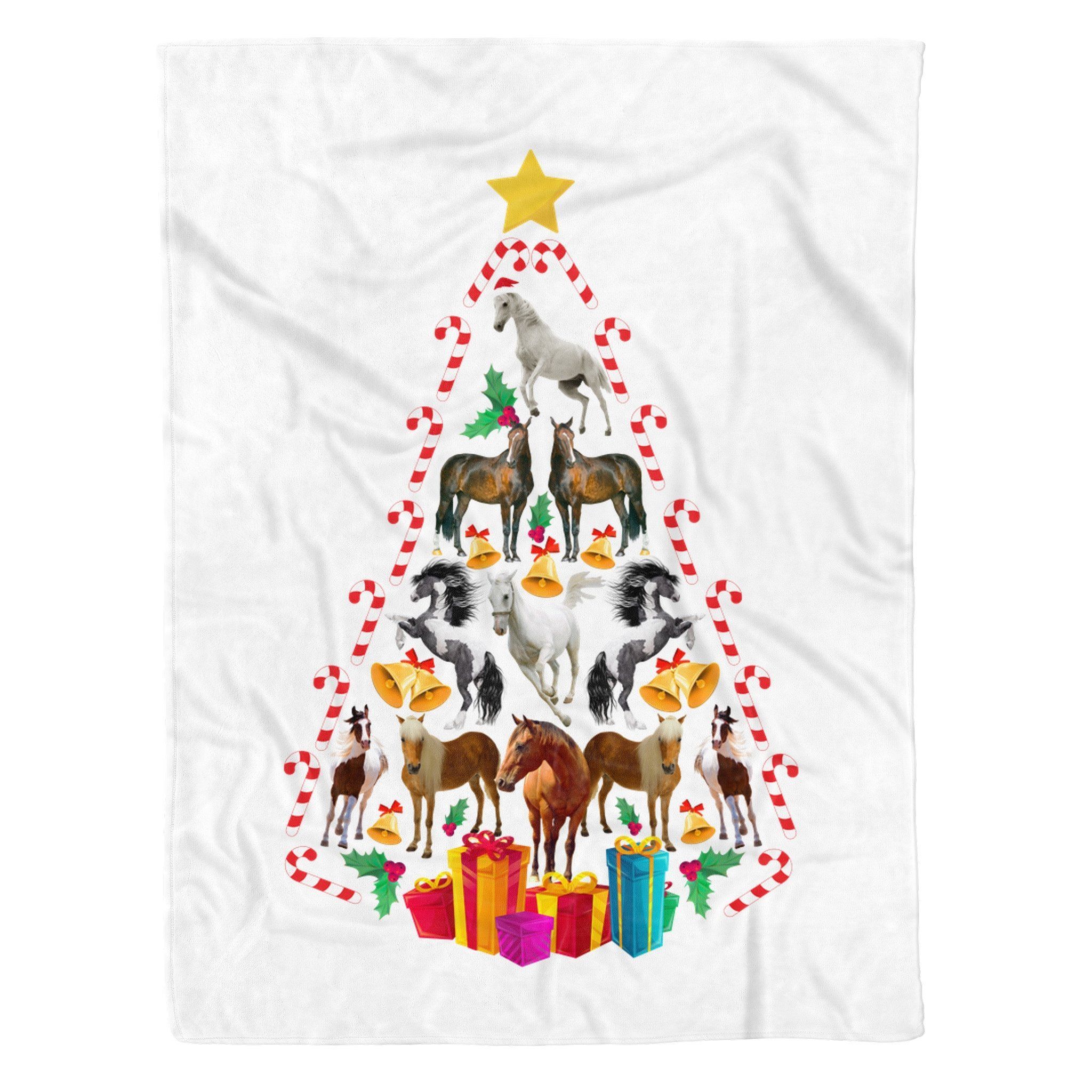 Horse Tree Christmas Candy Cane Sherpa Fleece Blanket