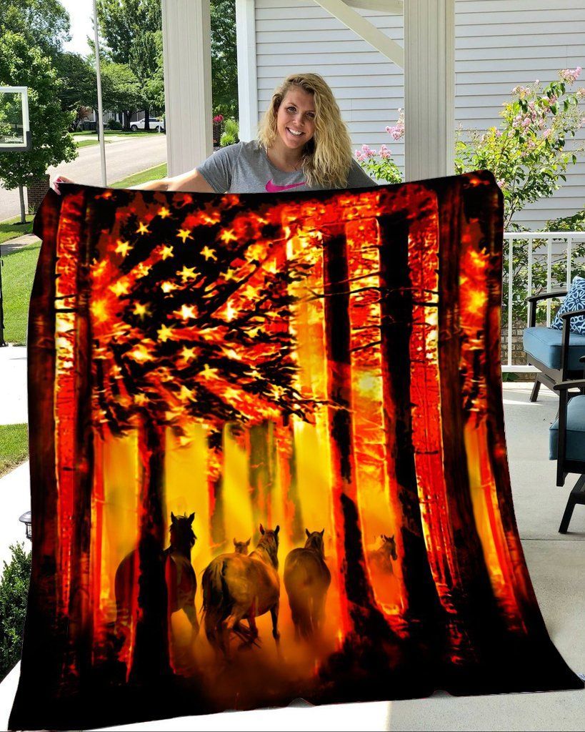 Horse Usa Flag Sherpa Fleece Blanket