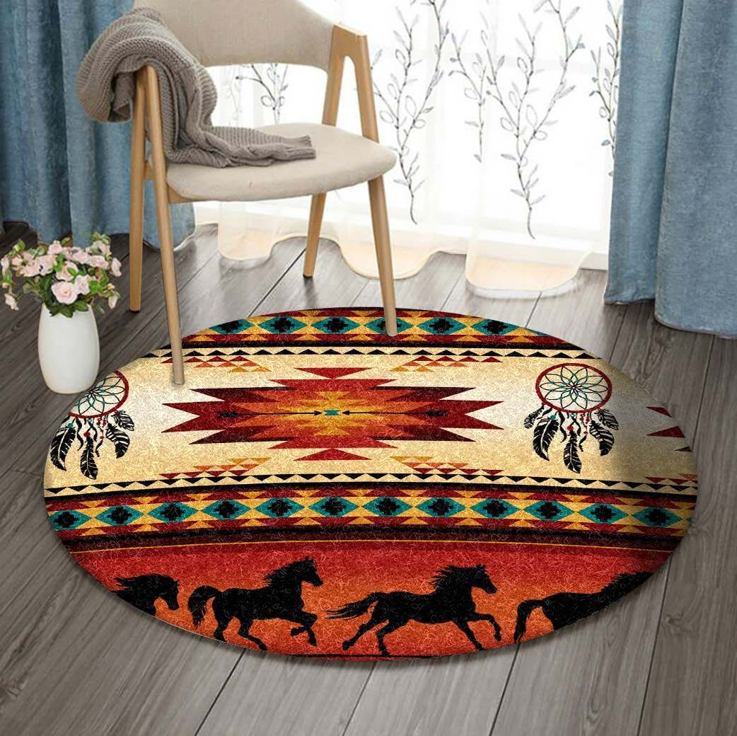 Horses And Dreamcatchers Native American Mandala Round Carpet
