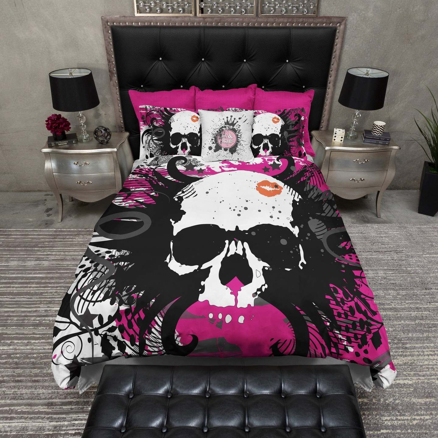 Hot Pink And Black Kiss Skull Bedding Set