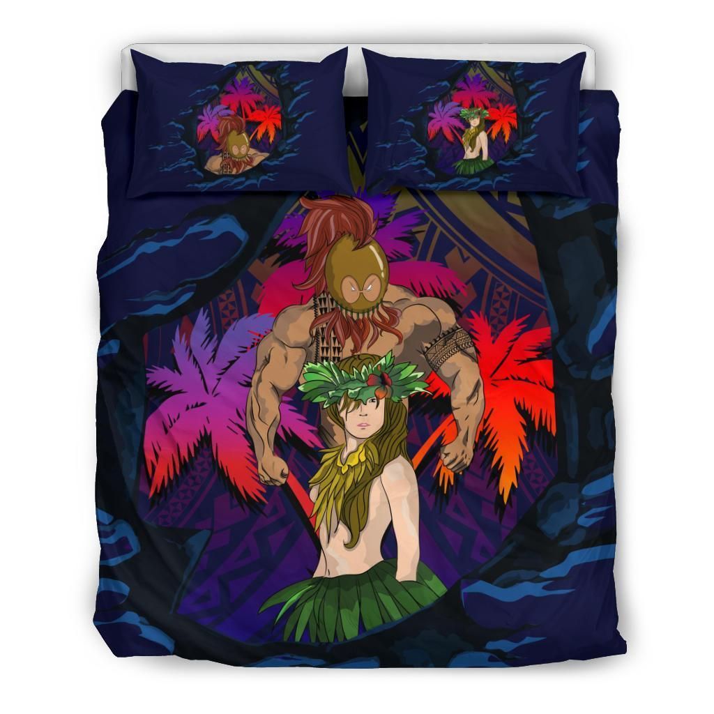 Hula Girl And Warrior Coconut Tree Polynesian Bedding Set